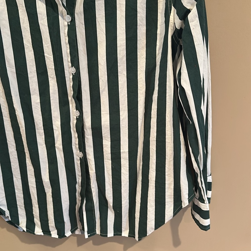 Pixie Market Green And White Striped Button-Up Sh… - image 3